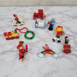 Vintage Colorful Wooden and Metal Christmas Ornaments Set